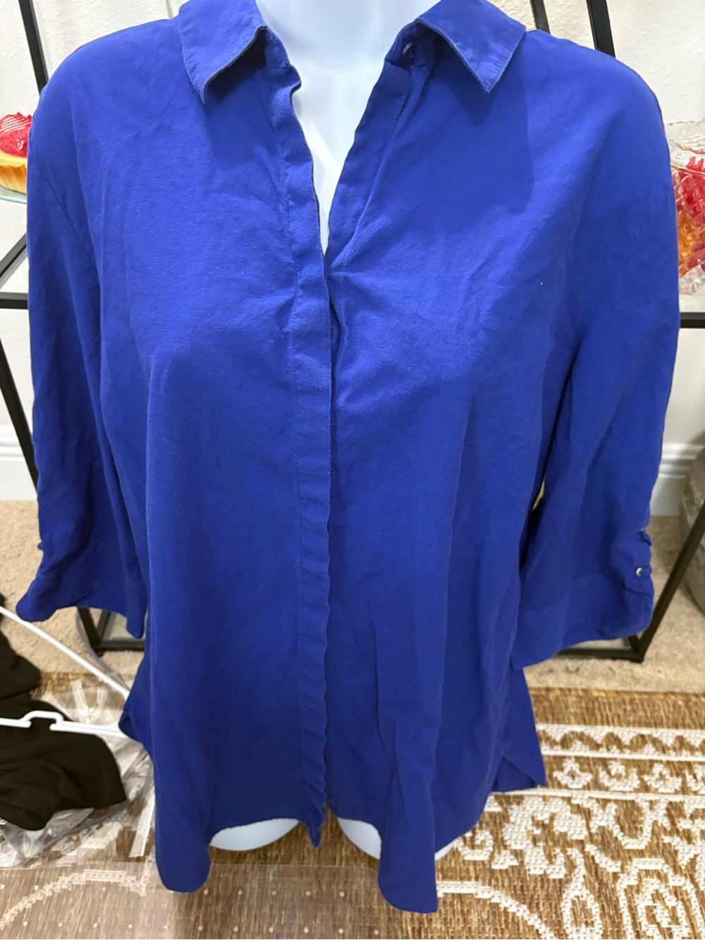 Chico's womens 3-XL button down 3/4 sleeve w/lacing detail royal blue blouse